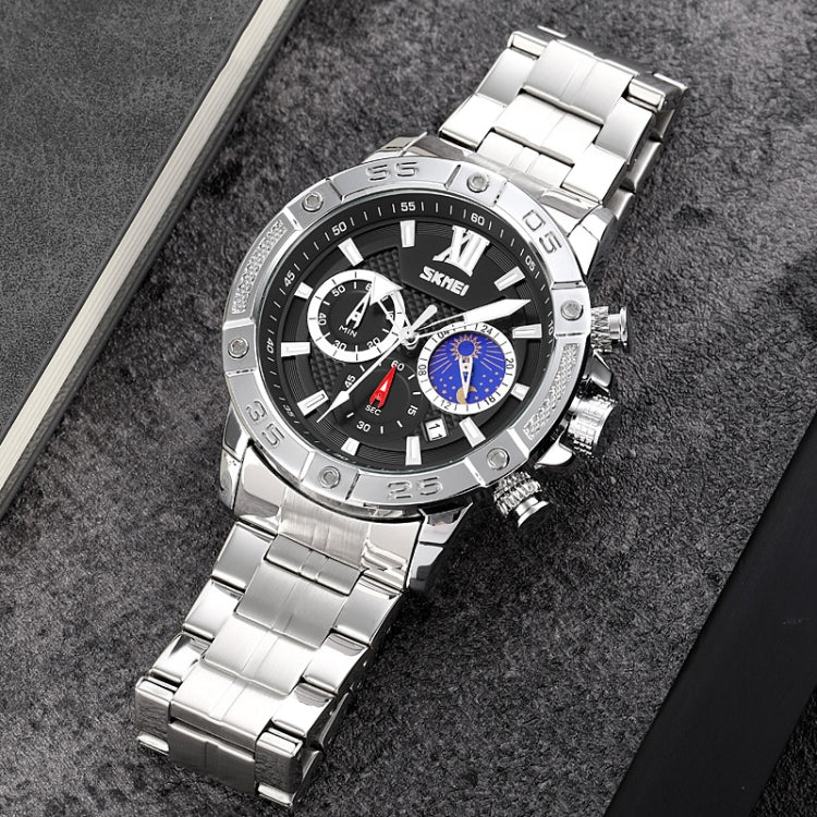 SKMEI 9235 Men Moonphase Stopwatch Stainless Steel Strap Quartz Watch(Silver Black) - free shipping - PMC TechLife - Order now!