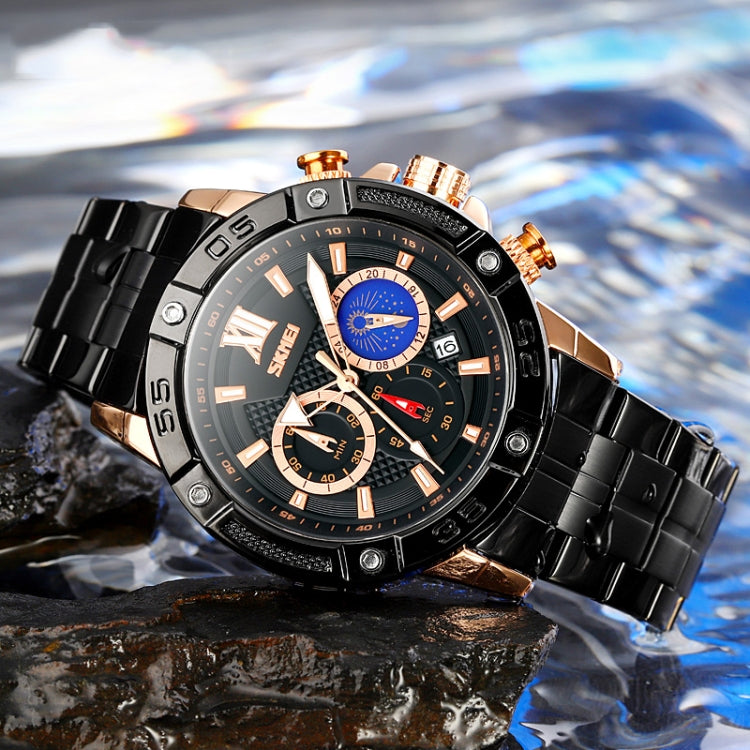 SKMEI 9235 Men Moonphase Stopwatch Stainless Steel Strap Quartz Watch(Silver Black) - free shipping - PMC TechLife - Order now!