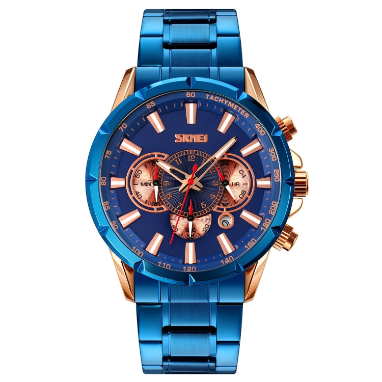 SKMEI 9241 Men Calendar Stopwatch Stainless Steel Strap Quartz Watch(Rose Gold Blue) - free shipping - PMC TechLife - Order now!