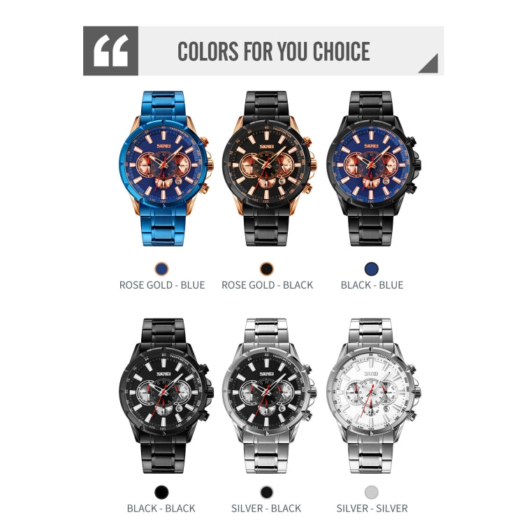 SKMEI 9241 Men Calendar Stopwatch Stainless Steel Strap Quartz Watch(Black Blue) - free shipping - PMC TechLife - Order now!