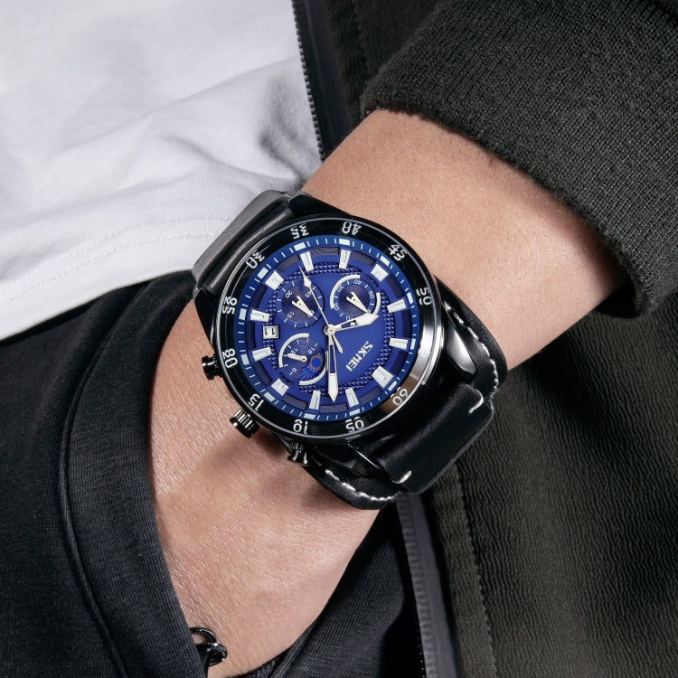 SKMEI 9249 Men Moonphase Calendar Stopwatch Leather Strap Quartz Watch(Black Blue) - free shipping - PMC TechLife - Order now!