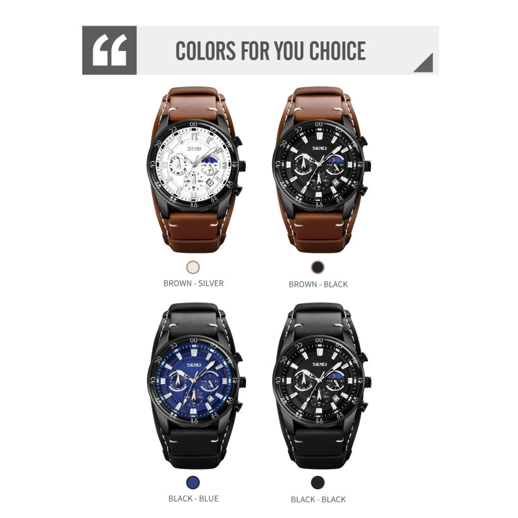SKMEI 9249 Men Moonphase Calendar Stopwatch Leather Strap Quartz Watch(Brown Silver) - free shipping - PMC TechLife - Order now!