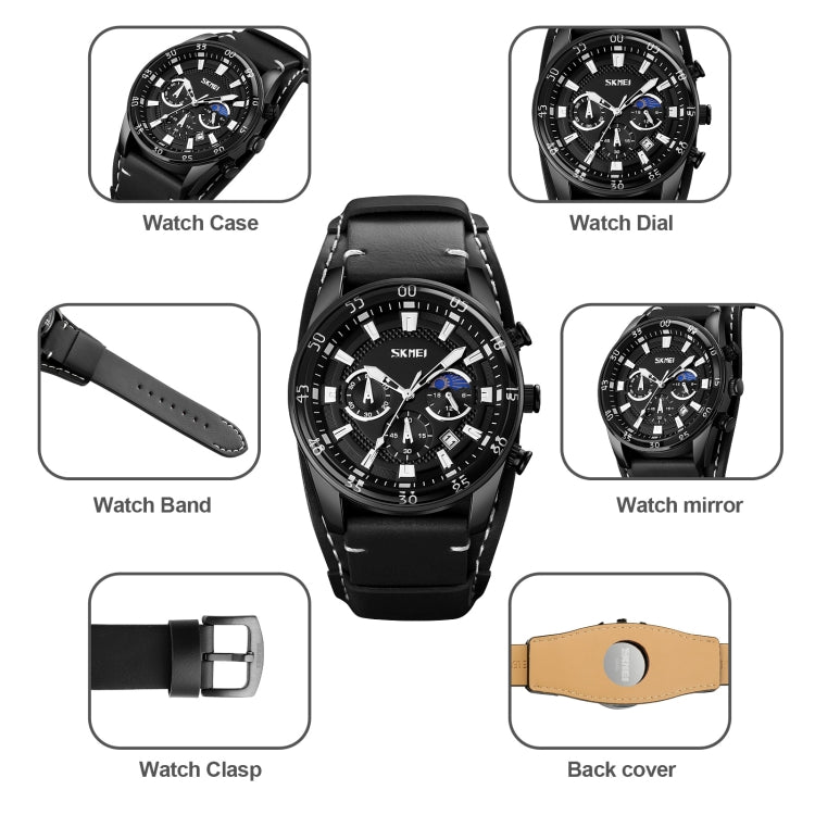 SKMEI 9249 Men Moonphase Calendar Stopwatch Leather Strap Quartz Watch(Black) - free shipping - PMC TechLife - Order now!