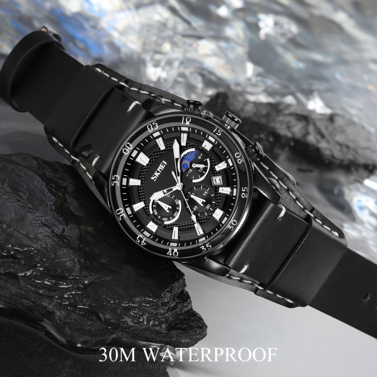SKMEI 9249 Men Moonphase Calendar Stopwatch Leather Strap Quartz Watch(Black Blue) - free shipping - PMC TechLife - Order now!
