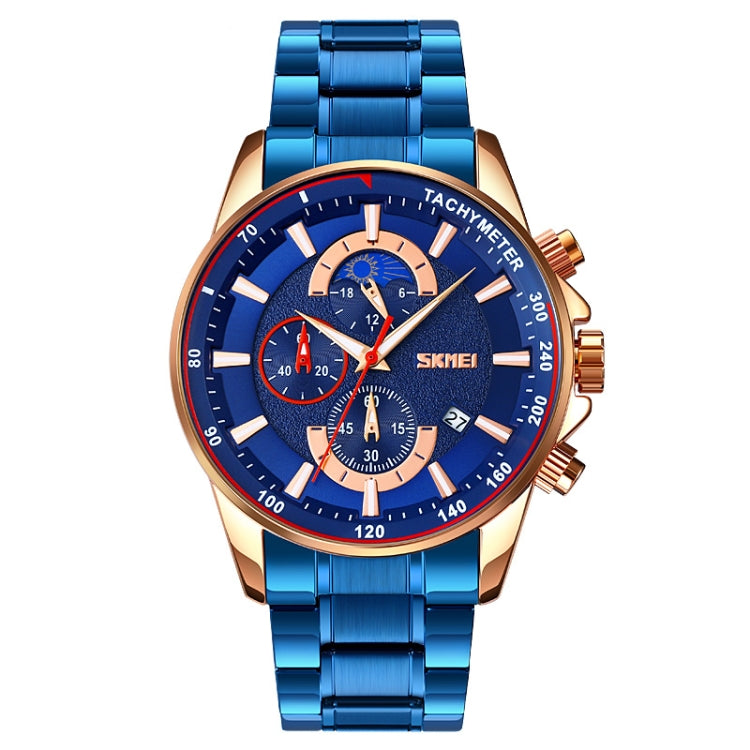 SKMEI 9250 Men Moonphase Stopwatch Date Six Pin Stainless Steel Strap Quartz Watch(Gold Blue) - free shipping - PMC TechLife - Order now!
