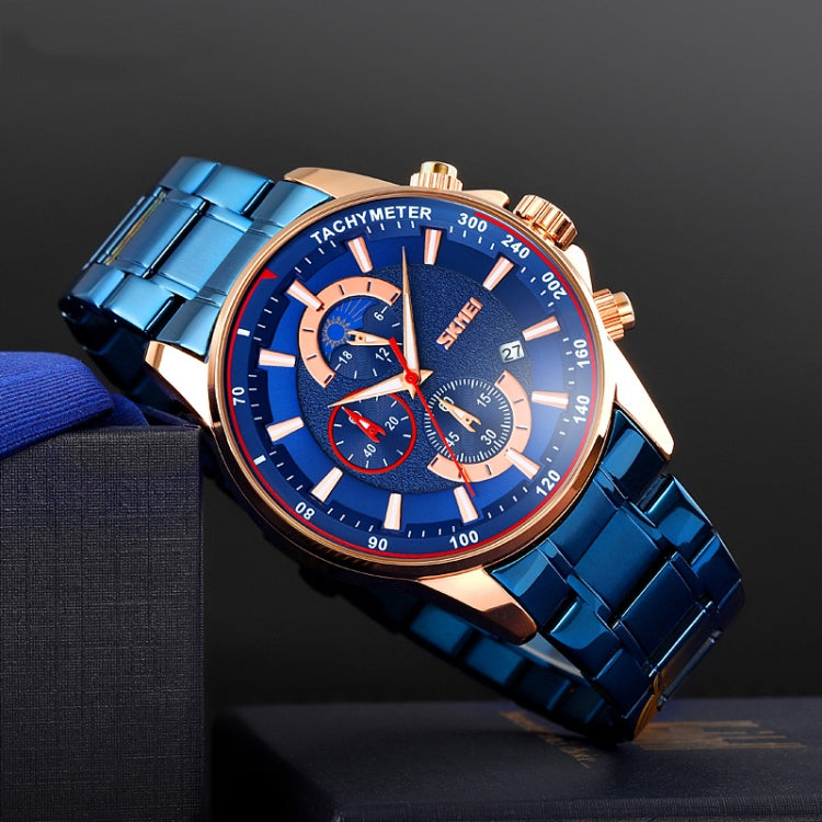 SKMEI 9250 Men Moonphase Stopwatch Date Six Pin Stainless Steel Strap Quartz Watch(Gold Blue) - free shipping - PMC TechLife - Order now!