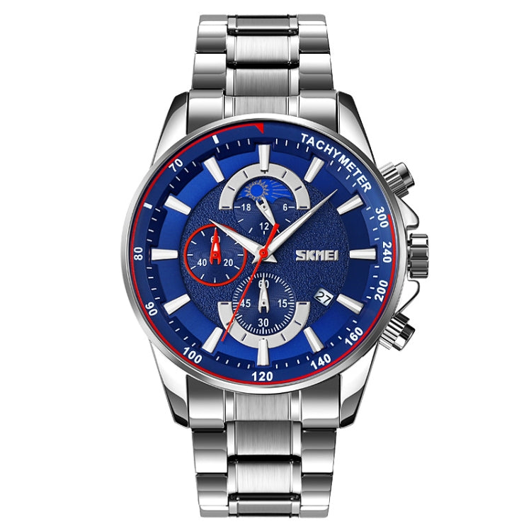 SKMEI 9250 Men Moonphase Stopwatch Date Six Pin Stainless Steel Strap Quartz Watch(Silver Blue) - free shipping - PMC TechLife - Order now!
