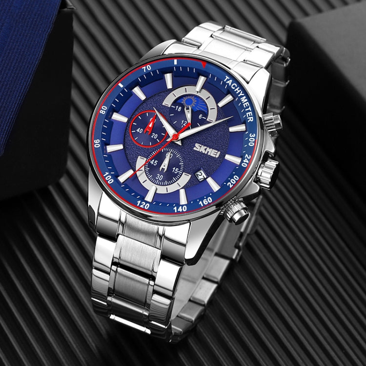 SKMEI 9250 Men Moonphase Stopwatch Date Six Pin Stainless Steel Strap Quartz Watch(Silver Blue) - free shipping - PMC TechLife - Order now!