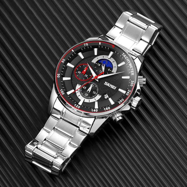 SKMEI 9250 Men Moonphase Stopwatch Date Six Pin Stainless Steel Strap Quartz Watch(Silver Black) - free shipping - PMC TechLife - Order now!