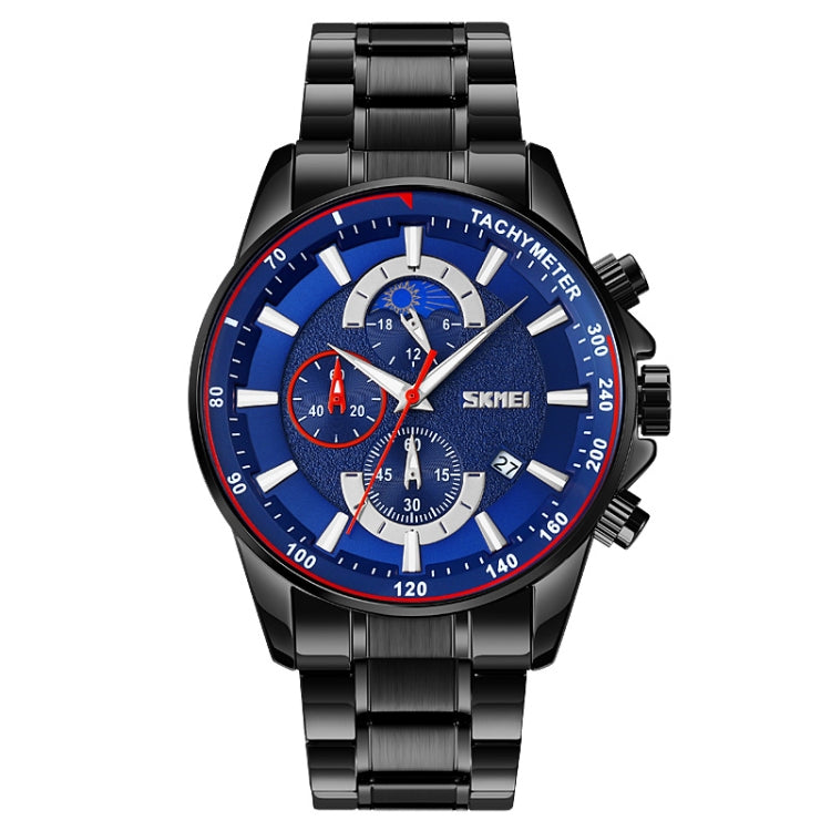 SKMEI 9250 Men Moonphase Stopwatch Date Six Pin Stainless Steel Strap Quartz Watch(Black Blue) - free shipping - PMC TechLife - Order now!