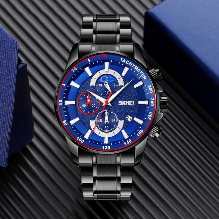 SKMEI 9250 Men Moonphase Stopwatch Date Six Pin Stainless Steel Strap Quartz Watch(Black Blue) - free shipping - PMC TechLife - Order now!