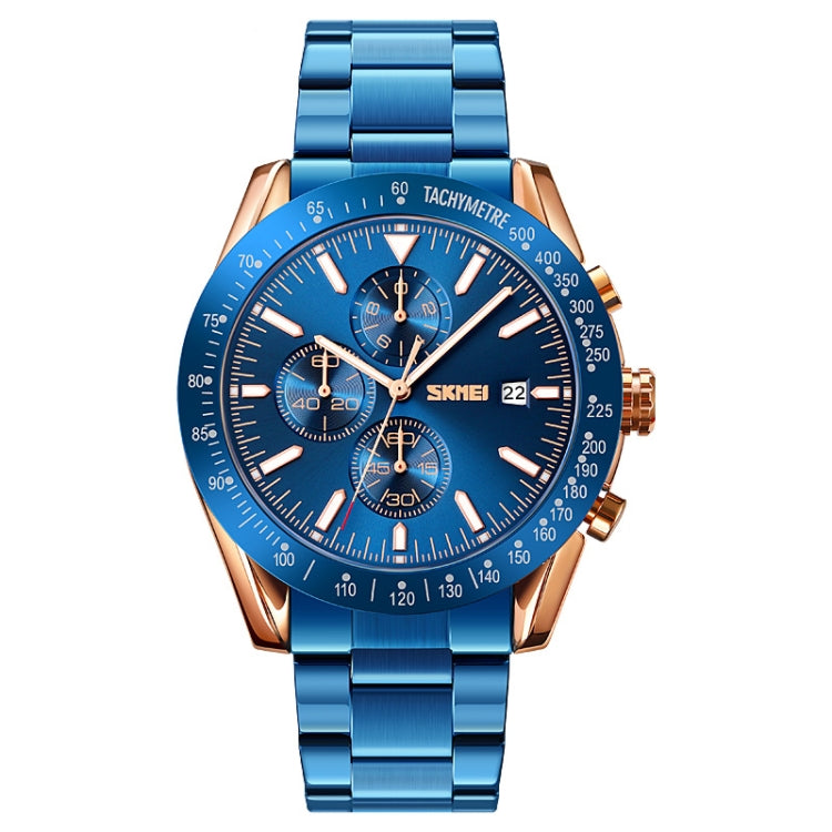 SKMEI 9253 Men Stopwatch Date Six Pin Stainless Steel Strap Quartz Watch(Gold Blue) - free shipping - PMC TechLife - Order now!