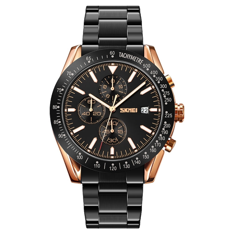 SKMEI 9253 Men Stopwatch Date Six Pin Stainless Steel Strap Quartz Watch(Gold Black) - free shipping - PMC TechLife - Order now!