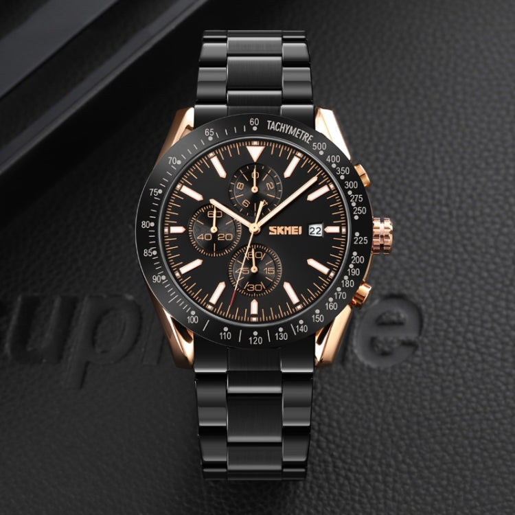 SKMEI 9253 Men Stopwatch Date Six Pin Stainless Steel Strap Quartz Watch(Gold Black) - free shipping - PMC TechLife - Order now!