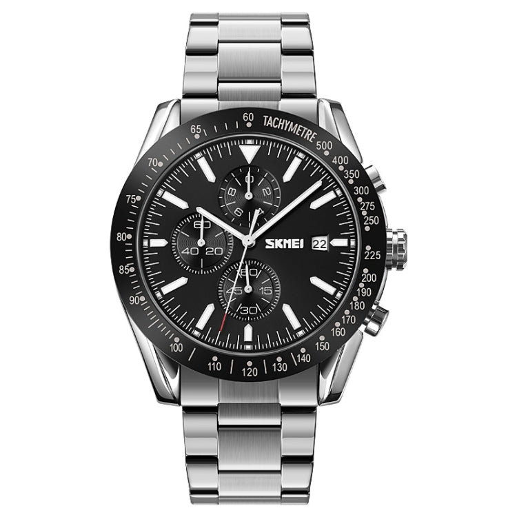 SKMEI 9253 Men Stopwatch Date Six Pin Stainless Steel Strap Quartz Watch(Silver Black) - free shipping - PMC TechLife - Order now!