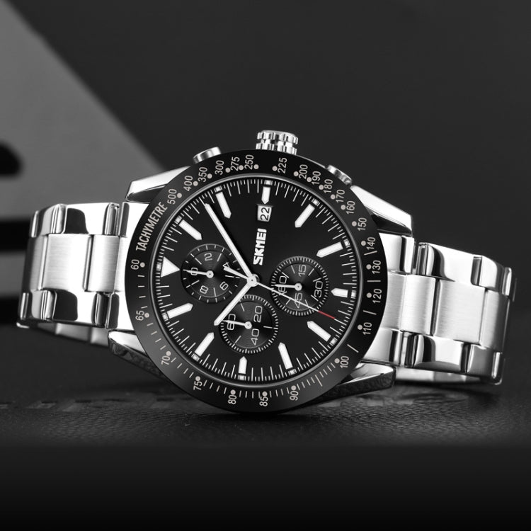 SKMEI 9253 Men Stopwatch Date Six Pin Stainless Steel Strap Quartz Watch(Silver Black) - free shipping - PMC TechLife - Order now!