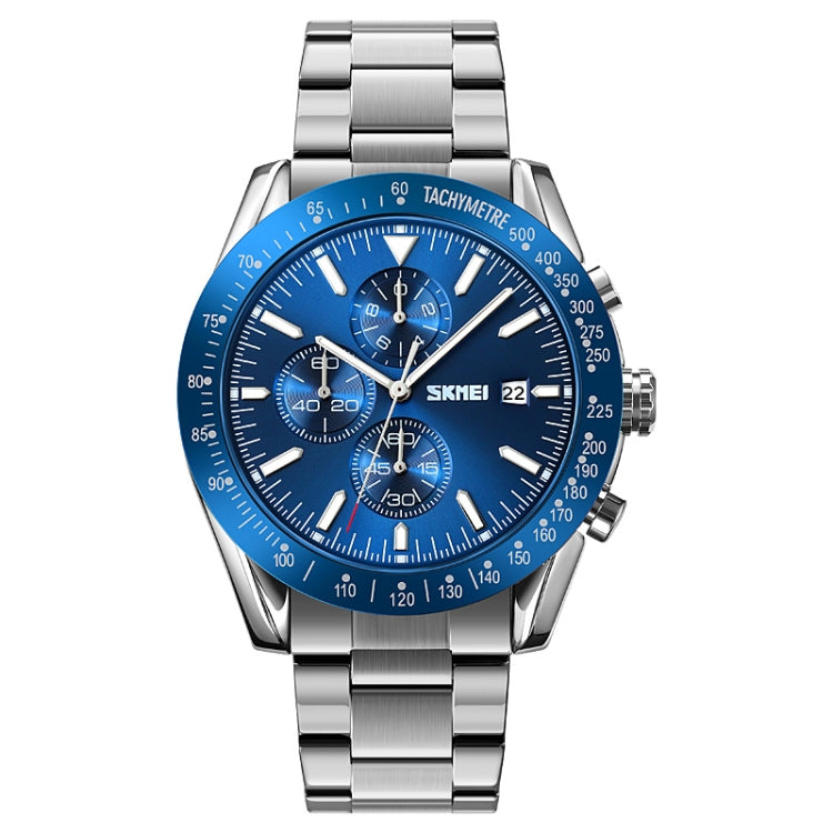 SKMEI 9253 Men Stopwatch Date Six Pin Stainless Steel Strap Quartz Watch(Silver Blue) - free shipping - PMC TechLife - Order now!