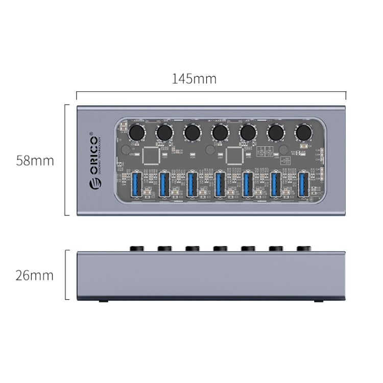 ORICO AT2U3-7AB-GY-BP 7 In 1 Aluminum Alloy Multi-Port USB HUB with Individual Switches, EU Plug - USB 3.0 HUB by ORICO | Online Shopping South Africa | PMC Jewellery | Buy Now Pay Later Mobicred