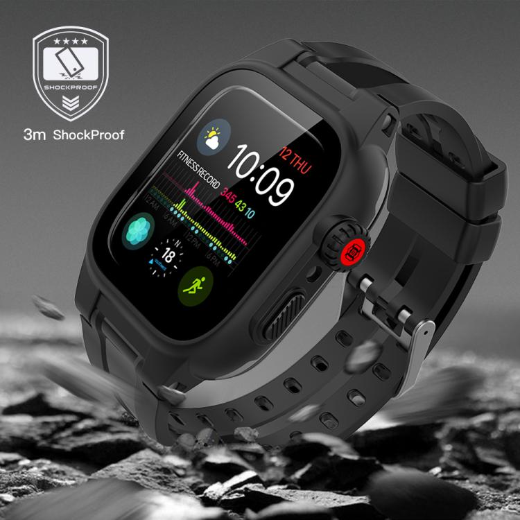 For Apple Watch Series SE 2&6&SE&5&4 44mm RedPepper IP68 Waterproof Screen Protector + Watchband + Protective Case(Black) - free shipping - PMC TechLife - Order now!