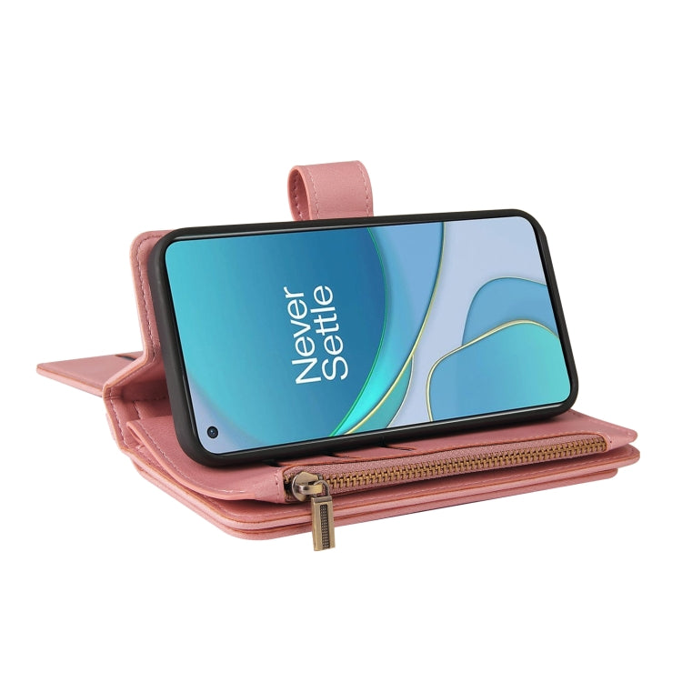 For OnePlus 9 Skin Feel PU + TPU Horizontal Flip Leather Case With Holder & 15 Cards Slot & Wallet & Zipper Pocket & Lanyard(Pink) - OnePlus Cases by PMC TechLife | Online Shopping South Africa | PMC TechLife | Buy Now Pay Later Mobicred