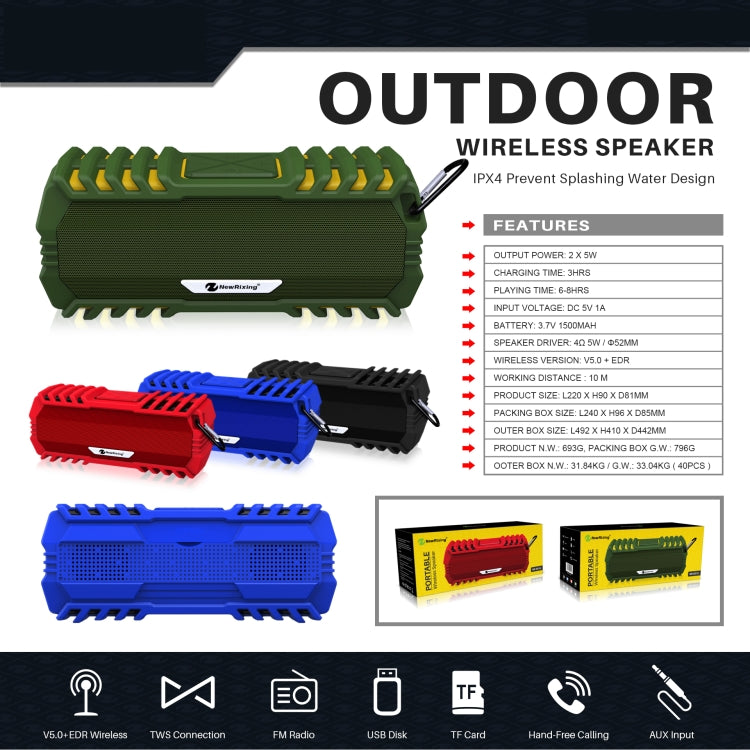 NewRixing NR-5015 Outdoor Portable Bluetooth Speakerr with Hook, Support Hands-free Call / TF Card / FM / U Disk(Blue) - Desktop Speaker by NewRixing | Online Shopping South Africa | PMC Jewellery | Buy Now Pay Later Mobicred