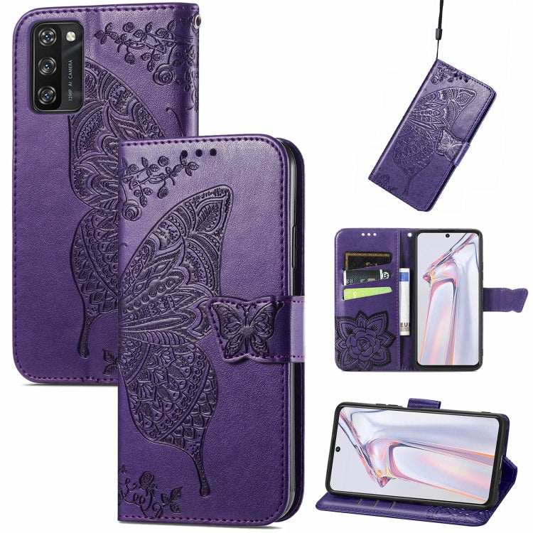 For Blackview A100 Butterfly Love Flower Embossed Horizontal Flip Leather Case with Holder & Card Slots & Wallet & Lanyard(Dark Purple) - More Brand by PMC TechLife | Online Shopping South Africa | PMC TechLife | Buy Now Pay Later Mobicred