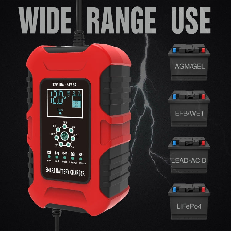 FOXSUR 10A 12V 7-segment Motorcycle / Car Smart Battery Charger, Plug Type:EU Plug(Red) - Battery Charger by FOXSUR | Online Shopping South Africa | PMC TechLife | Buy Now Pay Later Mobicred