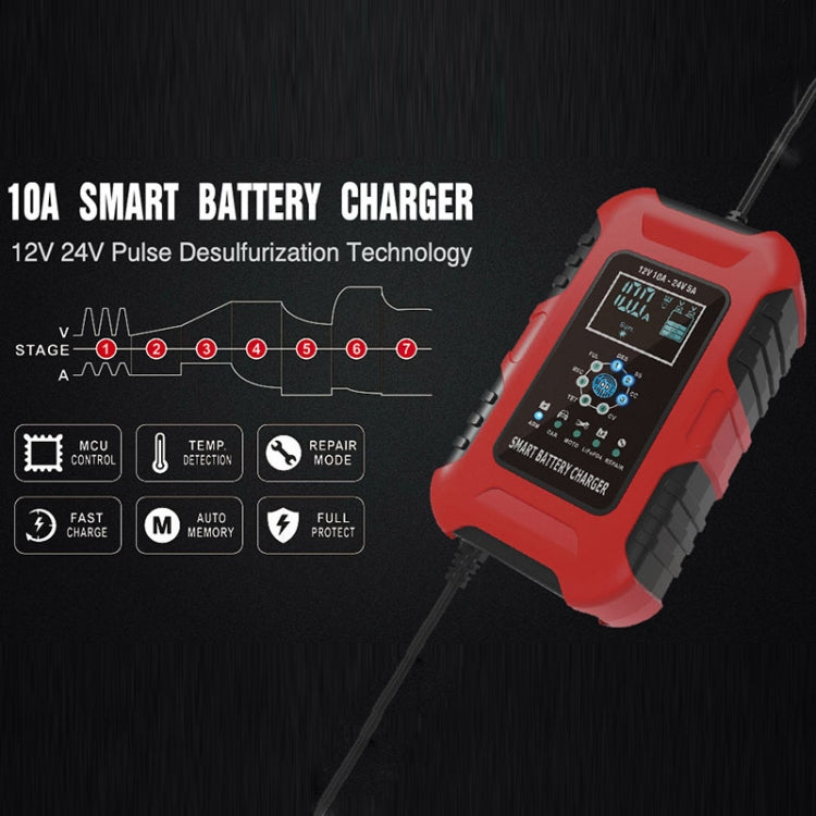 FOXSUR 10A 12V 7-segment Motorcycle / Car Smart Battery Charger, Plug Type:EU Plug(Red) - Battery Charger by FOXSUR | Online Shopping South Africa | PMC TechLife | Buy Now Pay Later Mobicred