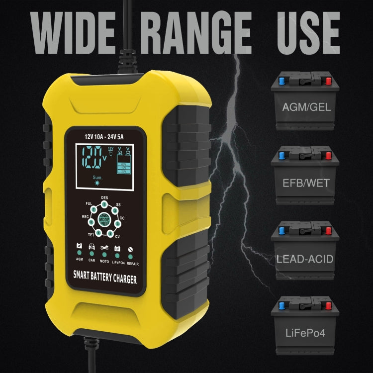 FOXSUR 10A 12V 7-segment Motorcycle / Car Smart Battery Charger, Plug Type:EU Plug(Yellow) - Battery Charger by FOXSUR | Online Shopping South Africa | PMC Jewellery | Buy Now Pay Later Mobicred