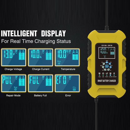 FOXSUR 10A 12V 7-segment Motorcycle / Car Smart Battery Charger, Plug Type:EU Plug(Yellow) - Battery Charger by FOXSUR | Online Shopping South Africa | PMC Jewellery | Buy Now Pay Later Mobicred