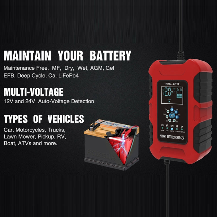 FOXSUR 10A 12V 7-segment Motorcycle / Car Smart Battery Charger, Plug Type:UK Plug(Red) - free shipping - PMC TechLife - Order now!