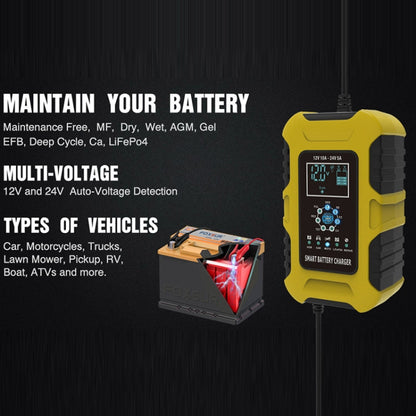 FOXSUR 10A 12V 7-segment Motorcycle / Car Smart Battery Charger, Plug Type:US Plug(Yellow) - Battery Charger by FOXSUR | Online Shopping South Africa | PMC Jewellery | Buy Now Pay Later Mobicred