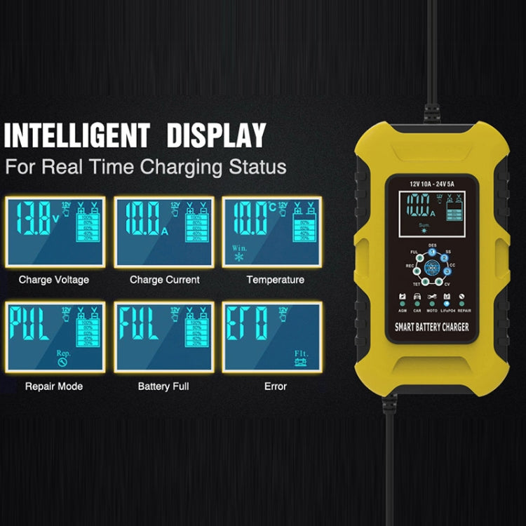 FOXSUR 10A 12V 7-segment Motorcycle / Car Smart Battery Charger, Plug Type:US Plug(Yellow) - Battery Charger by FOXSUR | Online Shopping South Africa | PMC Jewellery | Buy Now Pay Later Mobicred