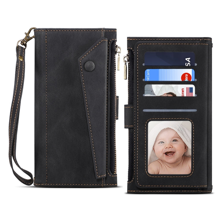 For Google Pixel 6 Pro Retro Frosted Leather Phone Case with Holder & Card Slot & Wallet & Zipper Pocket & Lanyard(Black) - Google Cases by PMC TechLife | Online Shopping South Africa | PMC TechLife | Buy Now Pay Later Mobicred