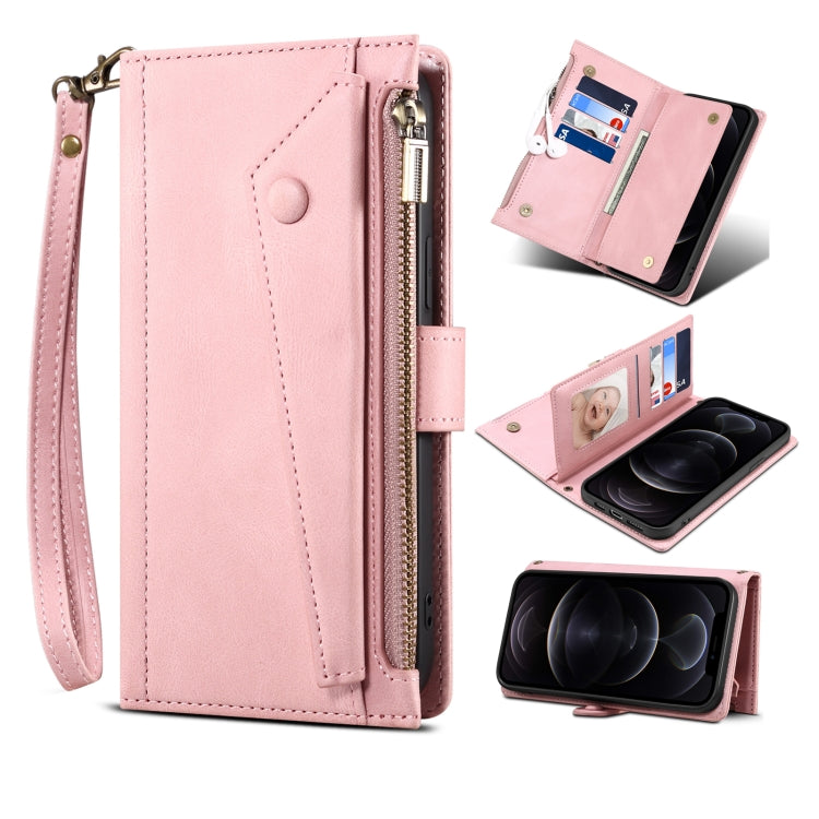 For Google Pixel 6 Pro Retro Frosted Leather Phone Case with Holder & Card Slot & Wallet & Zipper Pocket & Lanyard(Rose Gold) - Google Cases by PMC TechLife | Online Shopping South Africa | PMC TechLife | Buy Now Pay Later Mobicred