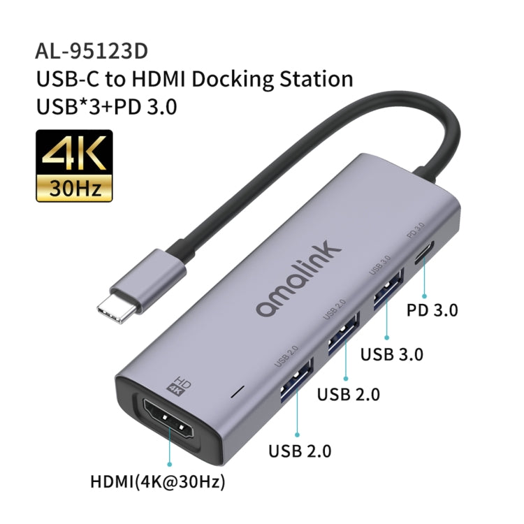 amalink 95123D Type-C / USB-C to HDMI + 3 Ports USB + PD 3.0 Multi-function HUB(Grey) - USB HUB by amalink | Online Shopping South Africa | PMC Jewellery | Buy Now Pay Later Mobicred