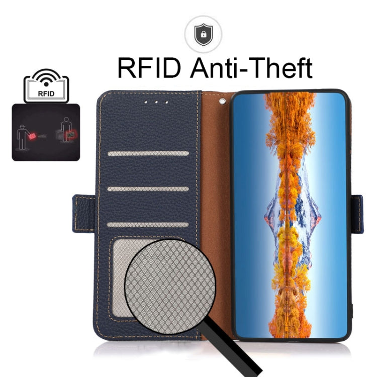 For OnePlus Nord CE 5G KHAZNEH Side-Magnetic Litchi Genuine Leather RFID Phone Case(Blue) - OnePlus Cases by PMC TechLife | Online Shopping South Africa | PMC TechLife | Buy Now Pay Later Mobicred