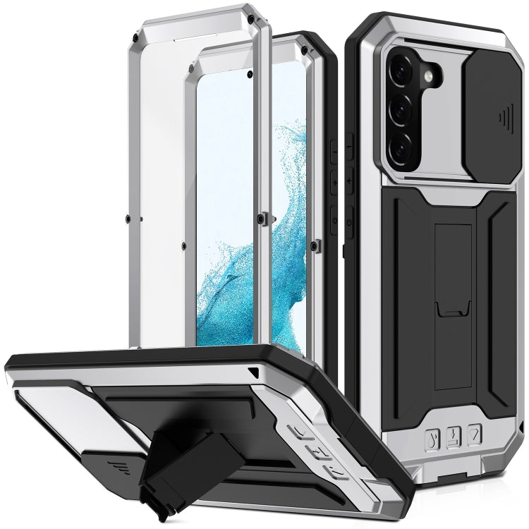 For Samsung Galaxy S22 5G R-JUST Sliding Camera Metal + Silicone Holder Phone Case(Silver) - free shipping - PMC TechLife - Order now!