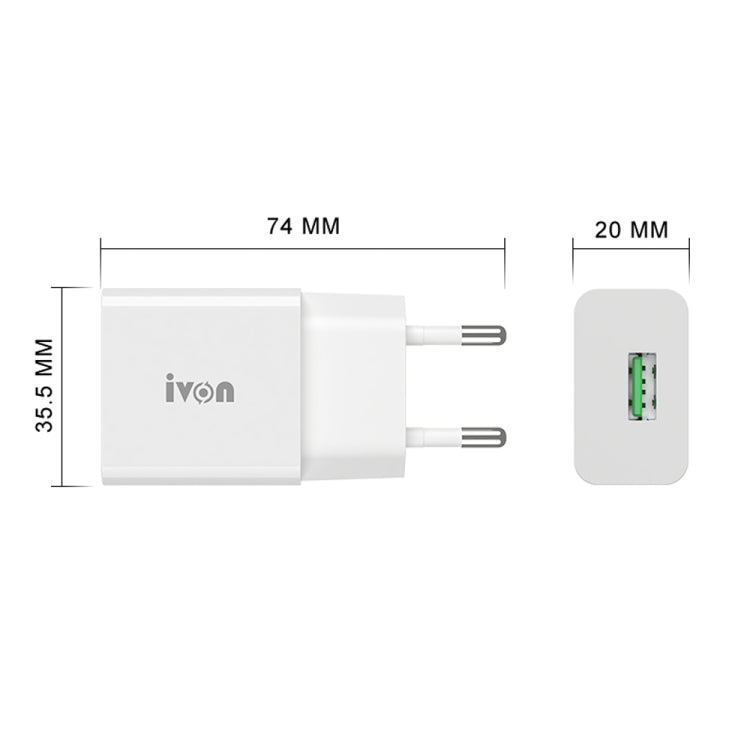 IVON AD-35 2 in 1 18W QC3.0 USB Port Travel Charger + 1m USB to USB-C / Type-C Data Cable Set, EU Plug(White) - free shipping - PMC TechLife - Order now!