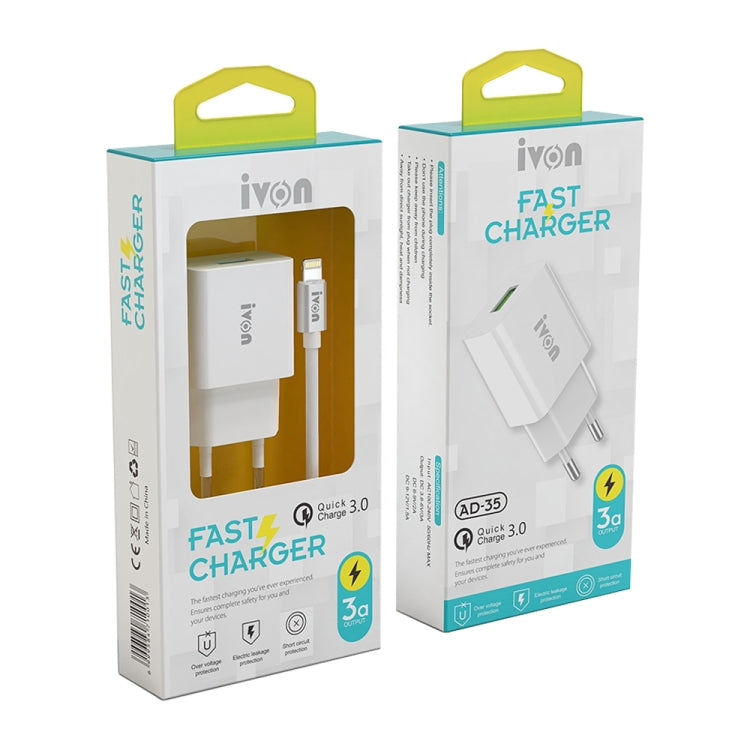 IVON AD-35 2 in 1 18W QC3.0 USB Port Travel Charger + 1m USB to USB-C / Type-C Data Cable Set, EU Plug(White) - free shipping - PMC TechLife - Order now!
