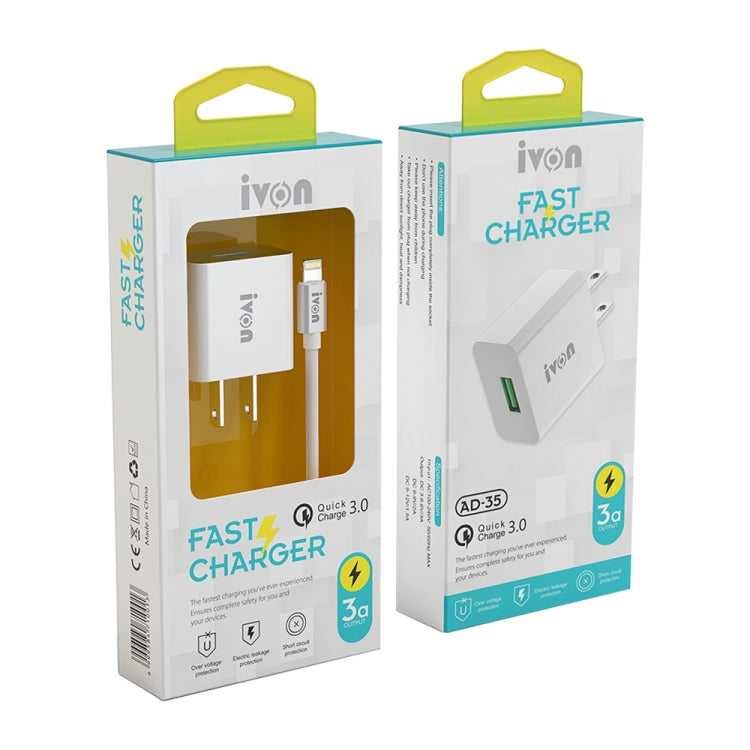 IVON AD-35 2 in 1 18W QC3.0 USB Port Travel Charger + 1m USB to USB-C / Type-C Data Cable Set, US Plug(White) - USB Charger by IVON | Online Shopping South Africa | PMC TechLife | Buy Now Pay Later Mobicred