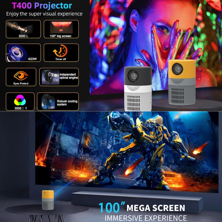 T400 100 inch Screen 3000 Lumens LED Mini Projector, Plug Type:US Plug(Grey Yellow) - Mini Projector by PMC Jewellery | Online Shopping South Africa | PMC Jewellery | Buy Now Pay Later Mobicred