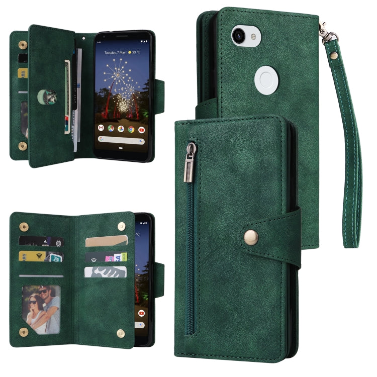 For Google Pixel 3A XL Rivet Buckle 9 Cards Three Fold Leather Phone Case(Green) - Google Cases by PMC Jewellery | Online Shopping South Africa | PMC Jewellery | Buy Now Pay Later Mobicred