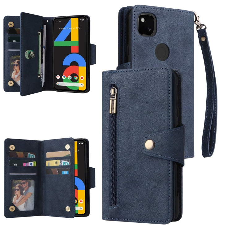 For Google Pixel 4A 4G Rivet Buckle 9 Cards Three Fold Leather Phone Case(Blue) - Google Cases by PMC Jewellery | Online Shopping South Africa | PMC Jewellery | Buy Now Pay Later Mobicred