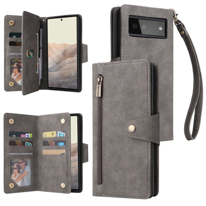 For Google Pixel 6 Rivet Buckle 9 Cards Three Fold Leather Phone Case(Grey) - Google Cases by PMC Jewellery | Online Shopping South Africa | PMC Jewellery | Buy Now Pay Later Mobicred