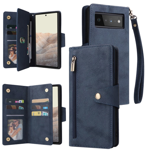 For Google Pixel 6 Pro Rivet Buckle 9 Cards Three Fold Leather Phone Case(Blue) - Google Cases by PMC Jewellery | Online Shopping South Africa | PMC Jewellery | Buy Now Pay Later Mobicred