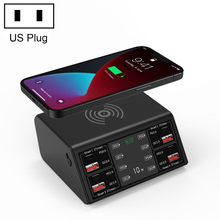 838w 9 in 1 100W 4 PD 3.0 USB-C / Type-C + 4 QC 3.0 USB Ports Smart Digital Display Wireless Charger, US Plug(Black) - Multifunction Charger by PMC Jewellery | Online Shopping South Africa | PMC Jewellery | Buy Now Pay Later Mobicred