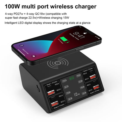 838w 9 in 1 100W 4 PD 3.0 USB-C / Type-C + 4 QC 3.0 USB Ports Smart Digital Display Wireless Charger, US Plug(Black) - Multifunction Charger by PMC Jewellery | Online Shopping South Africa | PMC Jewellery | Buy Now Pay Later Mobicred