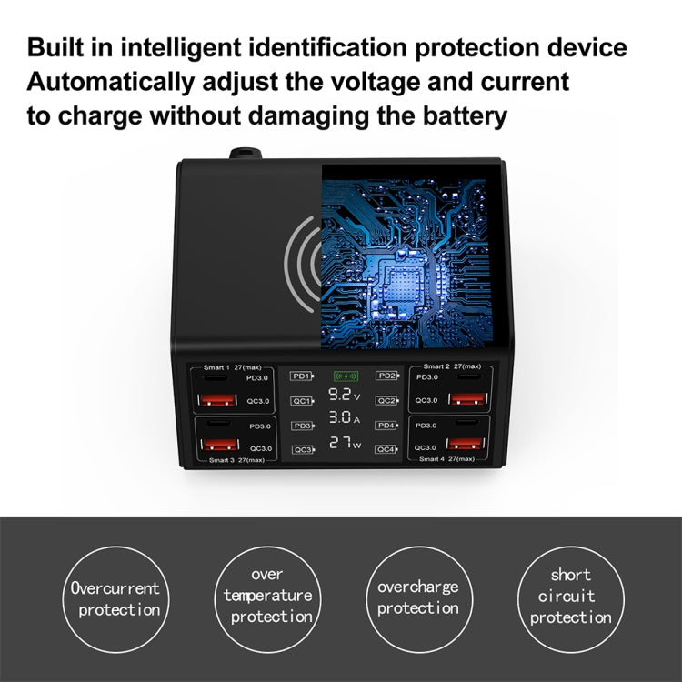 838w 9 in 1 100W 4 PD 3.0 USB-C / Type-C + 4 QC 3.0 USB Ports Smart Digital Display Wireless Charger, US Plug(Black) - Multifunction Charger by PMC Jewellery | Online Shopping South Africa | PMC Jewellery | Buy Now Pay Later Mobicred