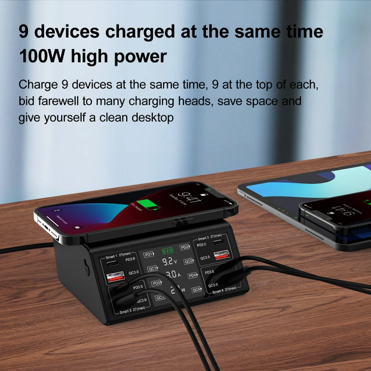 838w 9 in 1 100W 4 PD 3.0 USB-C / Type-C + 4 QC 3.0 USB Ports Smart Digital Display Wireless Charger, AU Plug(Black) - Multifunction Charger by PMC Jewellery | Online Shopping South Africa | PMC Jewellery | Buy Now Pay Later Mobicred